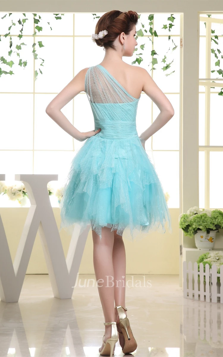One-Shoulder Ruffled Tulle Mini Dress with Beading Illusion Neckline