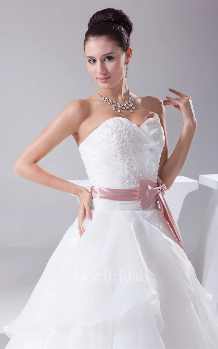 Sweetheart Ruffled Ball Gown with Ribbon and Appliques