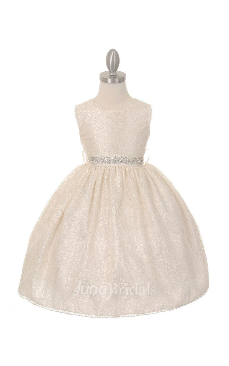 Solid Lace Sleeveless Scoop Neck Pleated Flower Girl Dress With Removable Rhinestone Belt
