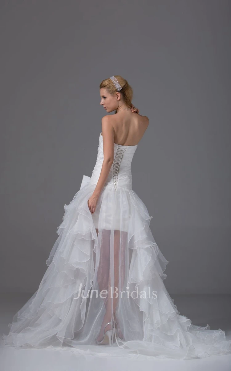 Strapless High-Low Organza Dress With Bow and Ruching