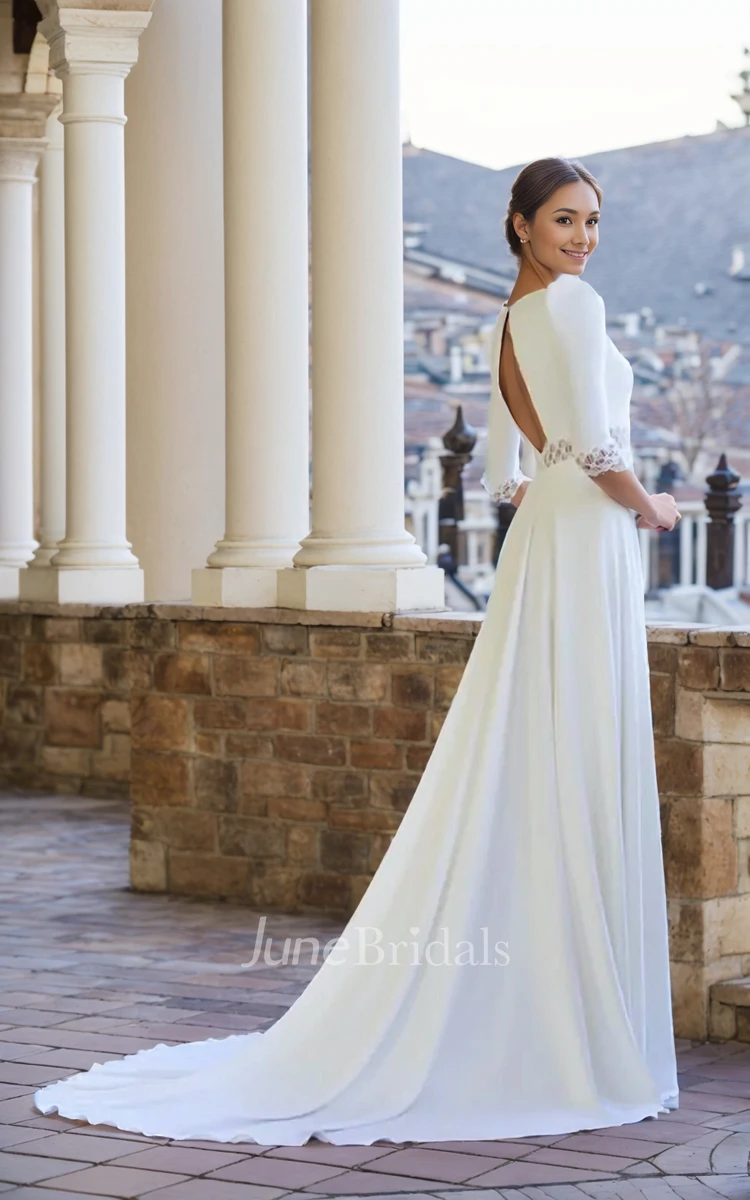 Modest Simple A-Line Half Sleeve Boho Wedding Dress Solid Modern Open Back V-Neck Guipur Waist Cuffs Chapel Train Satin Bridal Gown