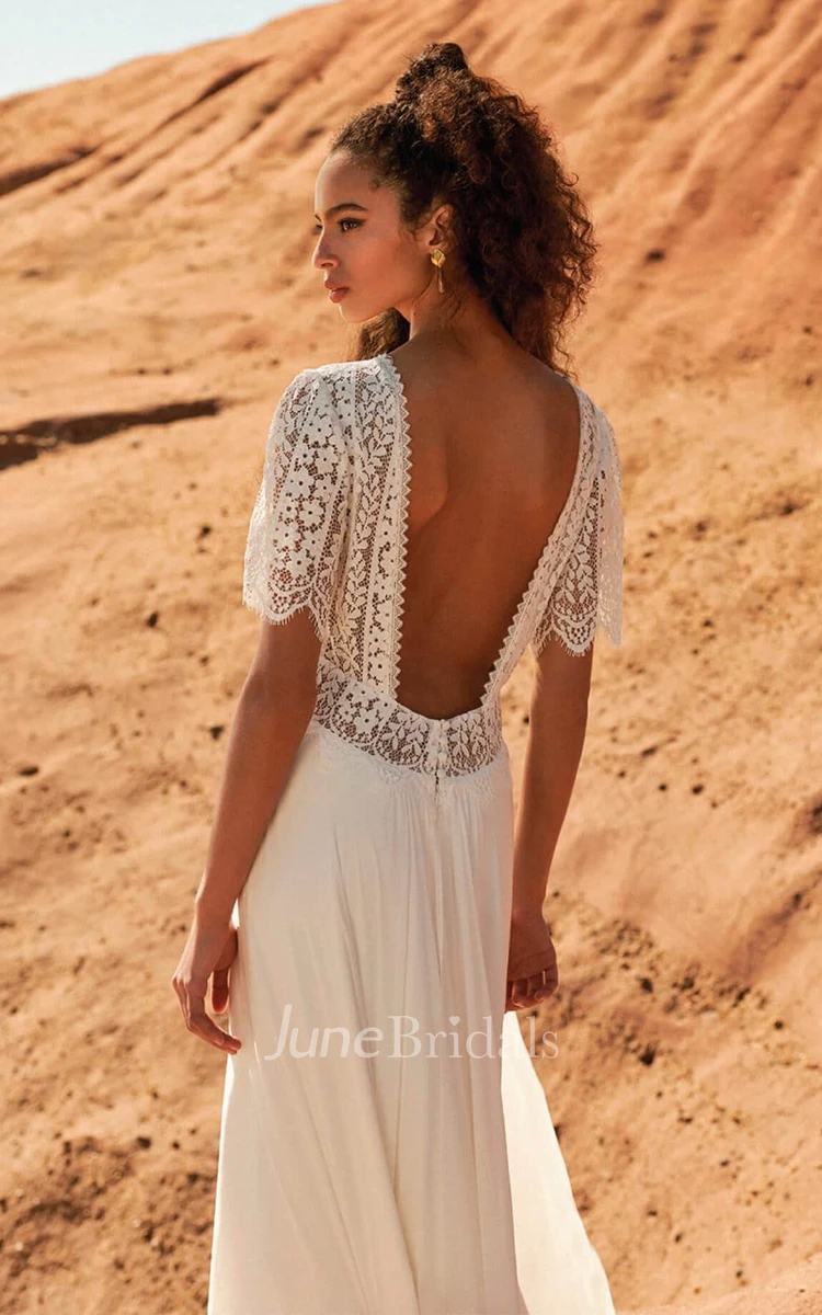 Sexy Vintage Boho Lace Beach Wedding Dress with Half Sleeves Rustic Country V-Neck Front Split Chiffon Open Back Bridal Gown
