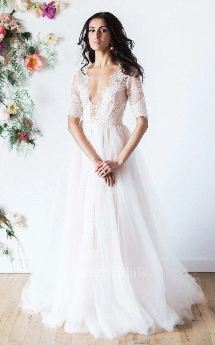 Plunged Lace Half Sleeve A-Line Tulle Wedding Dress With Deep-V Back