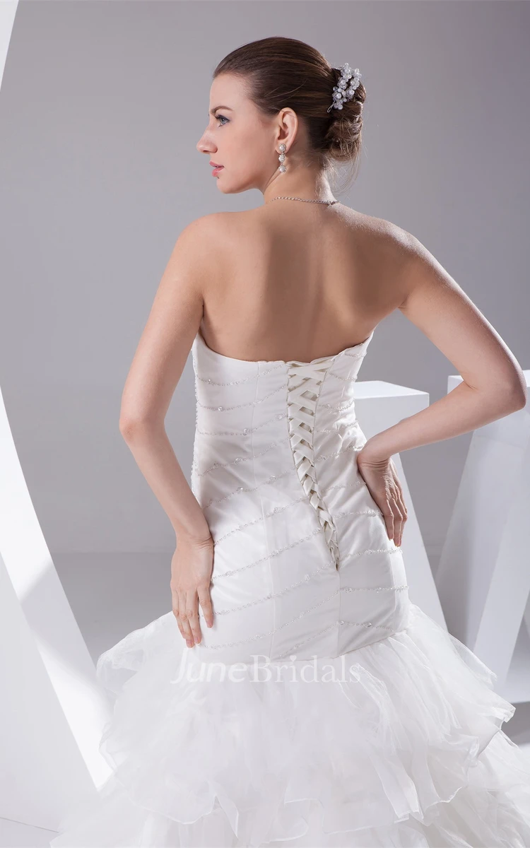 Strapless Column Tiered Gown with Ruffles and Crystal Detailing