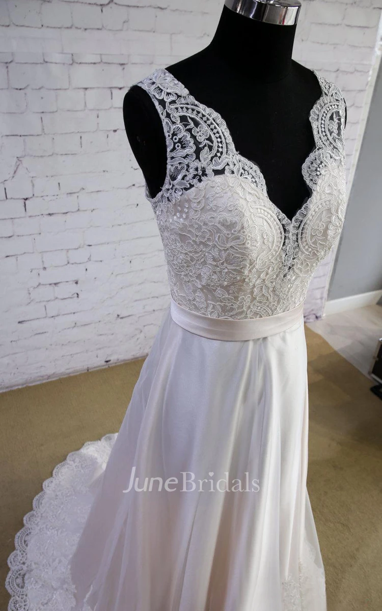 V-Neck Sleeveless Long A-Line Satin and Tulle Wedding Dress