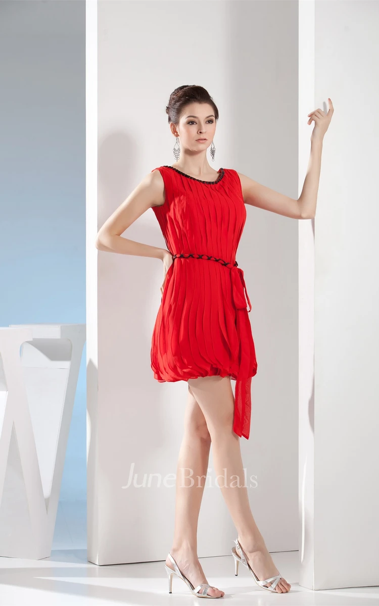 Sleeveless Ruched Mini Dress with Ribbon and Beading
