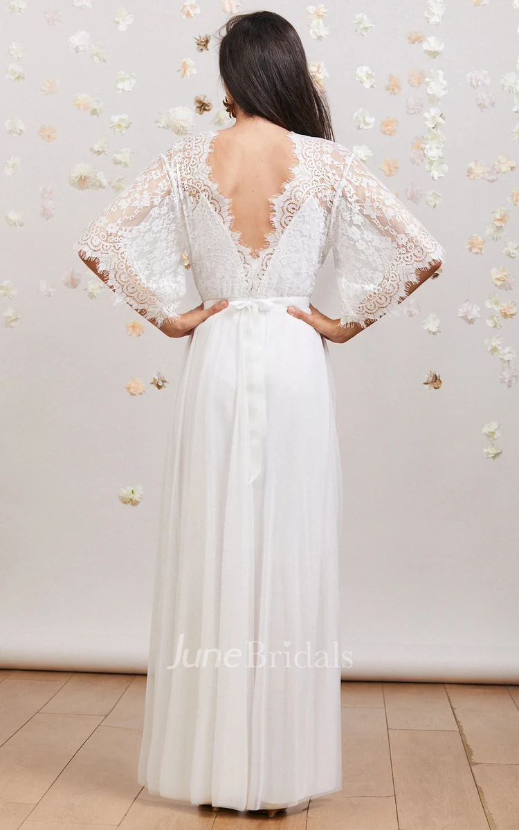 Elegant Romantic Bohemian Lace Wedding Dress with Deep V Neck Open Back Flowy Bridal Gown