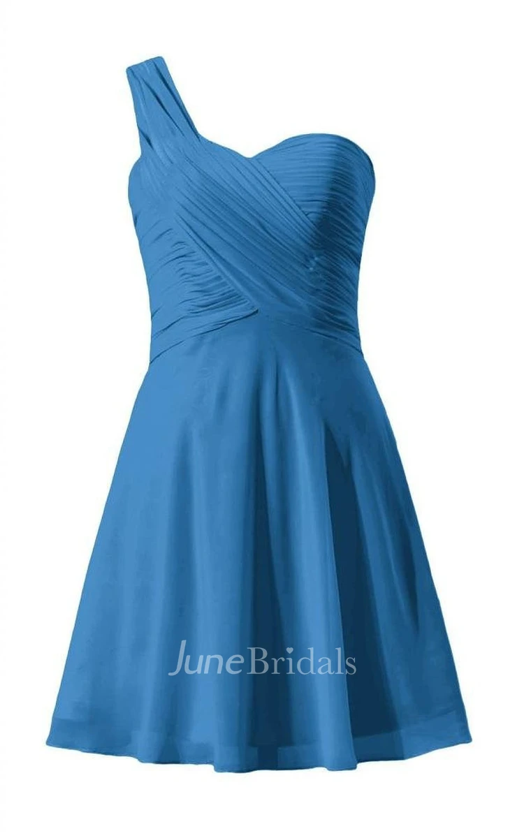 One-shoulder Ruched Bodice Knee-lengh Layered Chiffon Dress