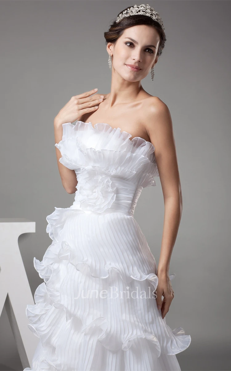 Strapless A-Line Tiered Dress with Flower and Overall Ruched Design