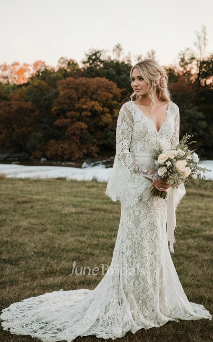 Modest Boho Long Sleeve Fall Lace Wedding Dress Simple Minimalist Sheath  Plunging Backless Bridal Gown with Train - June Bridals