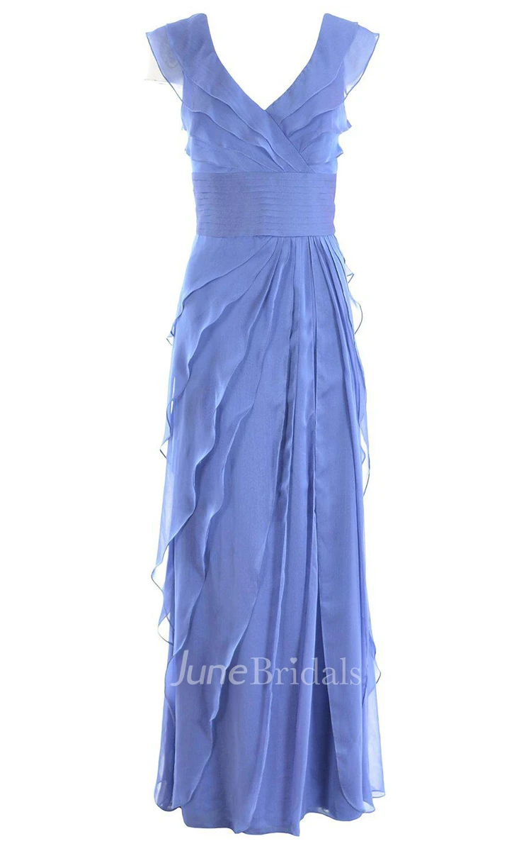 Exquisite Sleeveless V-neck Long Chiffon Dress With Tiered Ruffles
