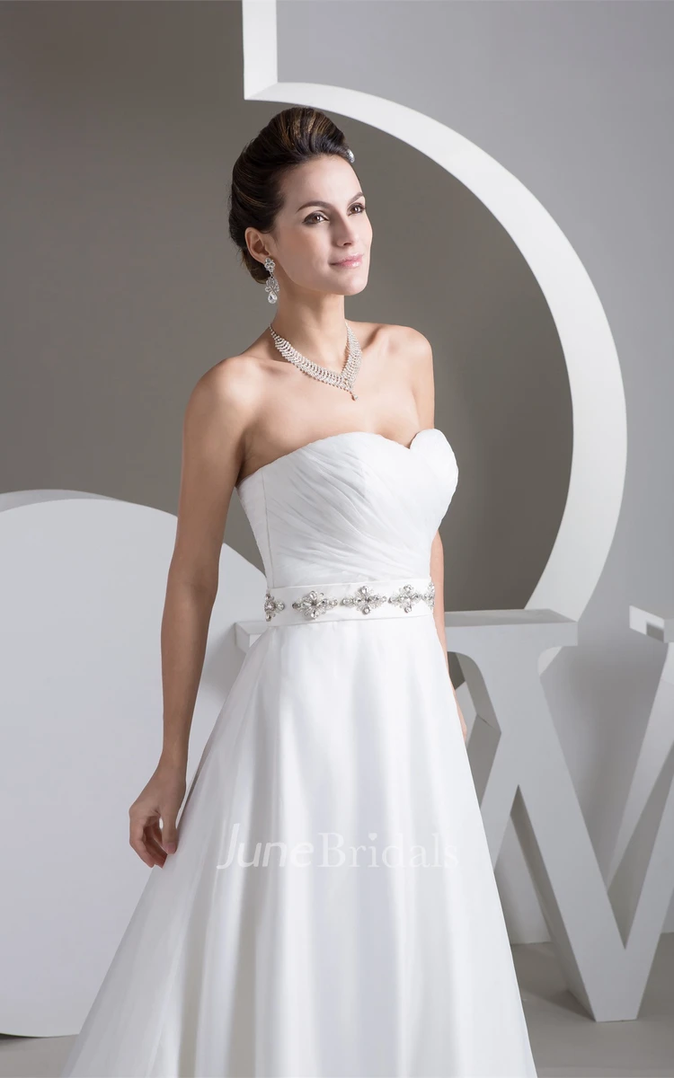 Sweetheart Criss-Cross A-Line Gown with Appliques and Gemmed Waist
