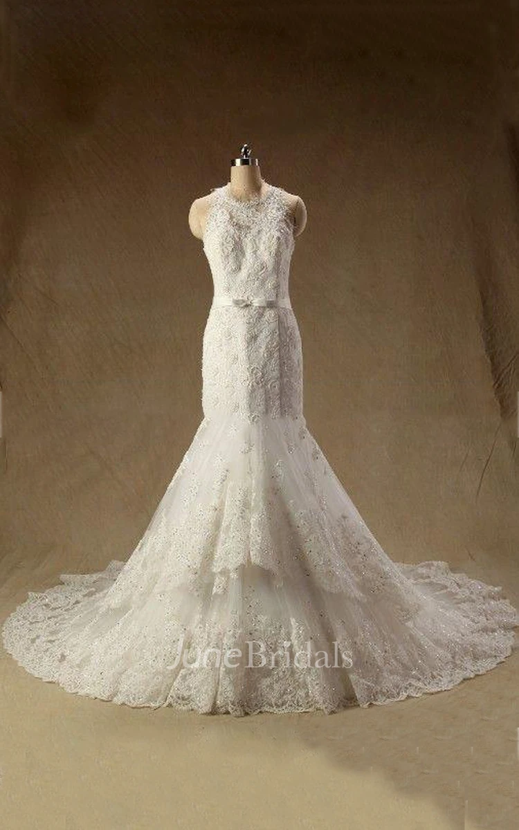 Sleeveless Mermaid Long Lace Wedding Dress With Sash And Jewel Neck