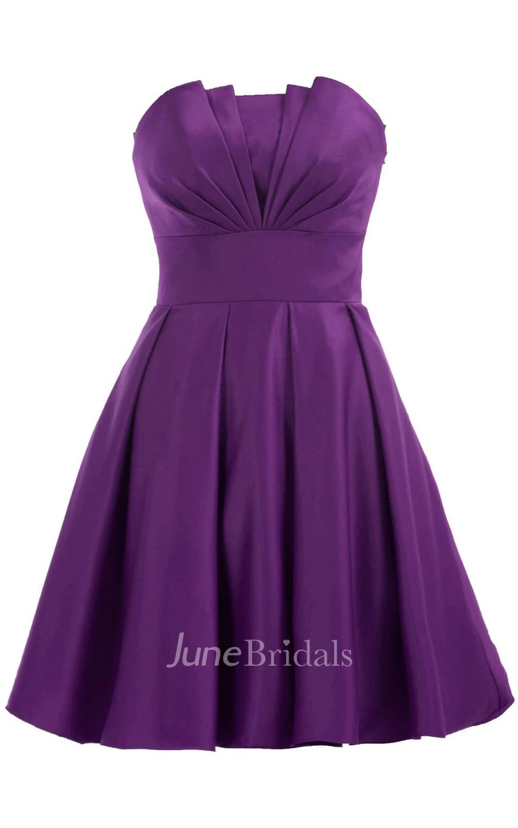 Strapless Appliqued Ruched Bodice Short Pleated Satin Dress