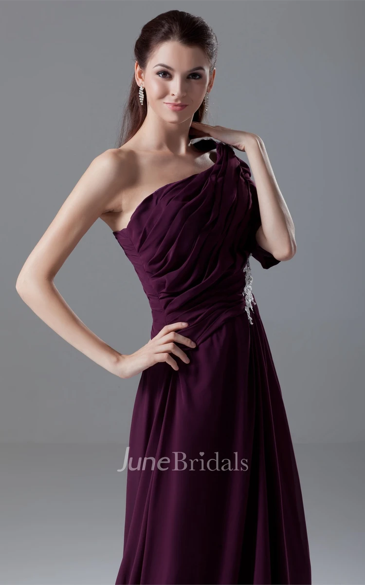 One-Shoulder Chiffon Maxi Dress with Appliques and Sweep Train