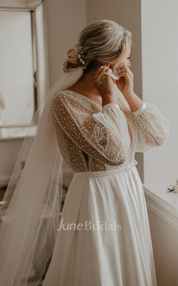 Sexy Elegant Plus Size Women's Long Sleeve A-Line Boho Lace Ivory Wedding Dress Modern Floor Length Satin Bridal Gown