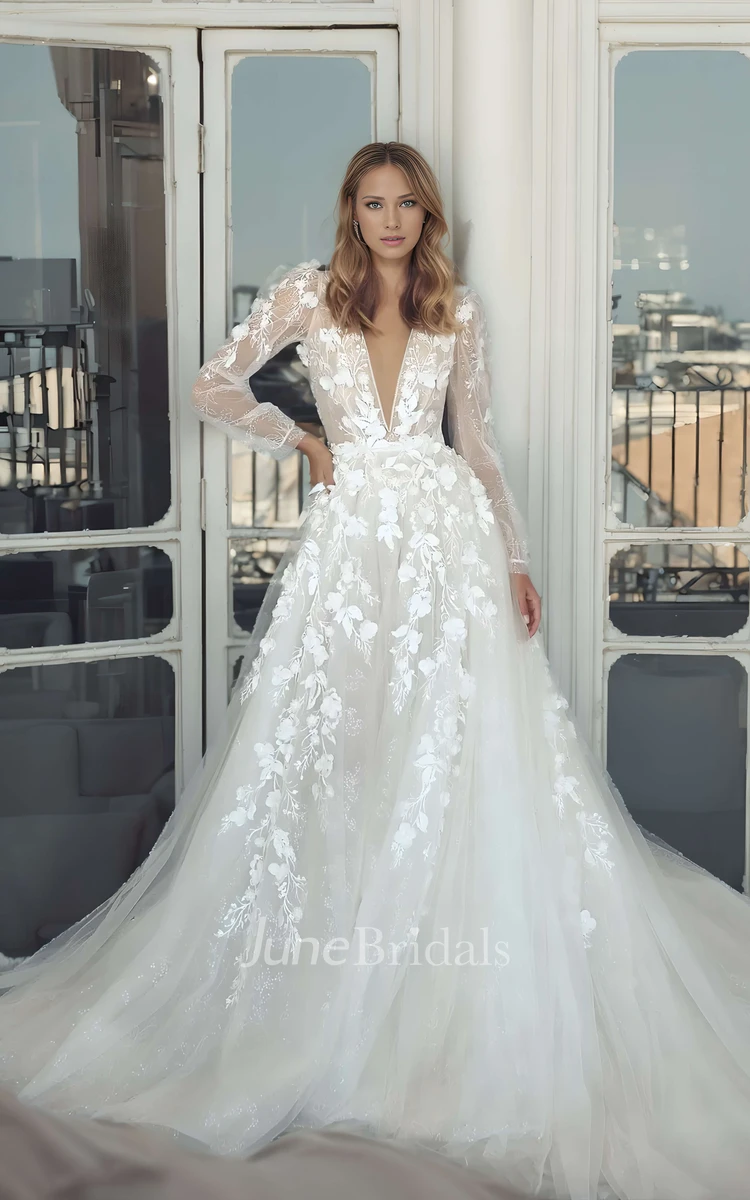 Long Sleeves Aa-line Lace Tulle V-back Wedding Dresses Long Sleeves Aa-line Lace Tulle V-back Wedding Dresses