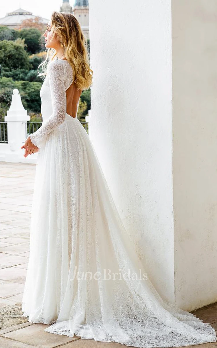 Bohemian Lace Scoop A Line Long Sleeve Wedding Dress with Keyhole Back