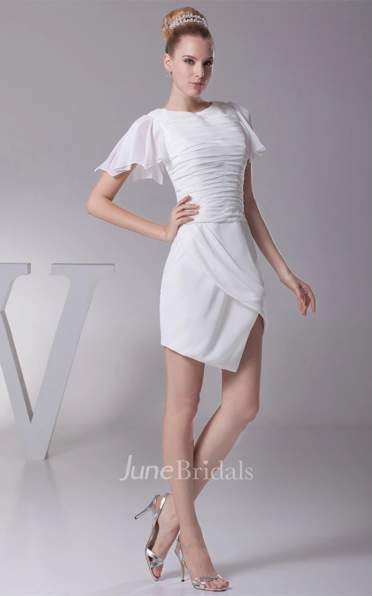 Short-Sleeve Chiffon Pencil Mini Dress with Ruched Top