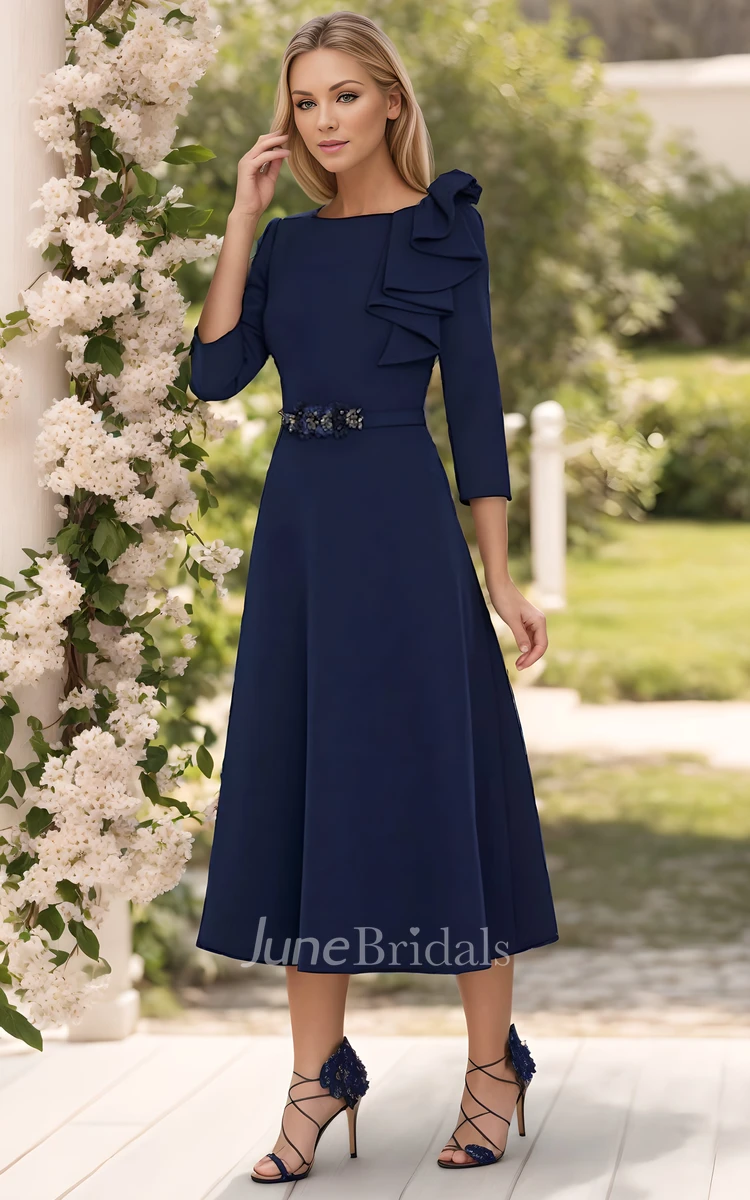 Modest Modern A-Line Tea-Length Dark Navy Blue Wedding Guest Dress with Jewel Neck and Sash