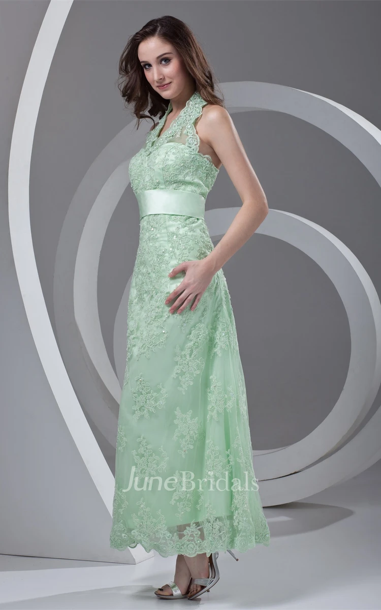 Lace Ankle-Length A-Line Dress with Crystal Detailing