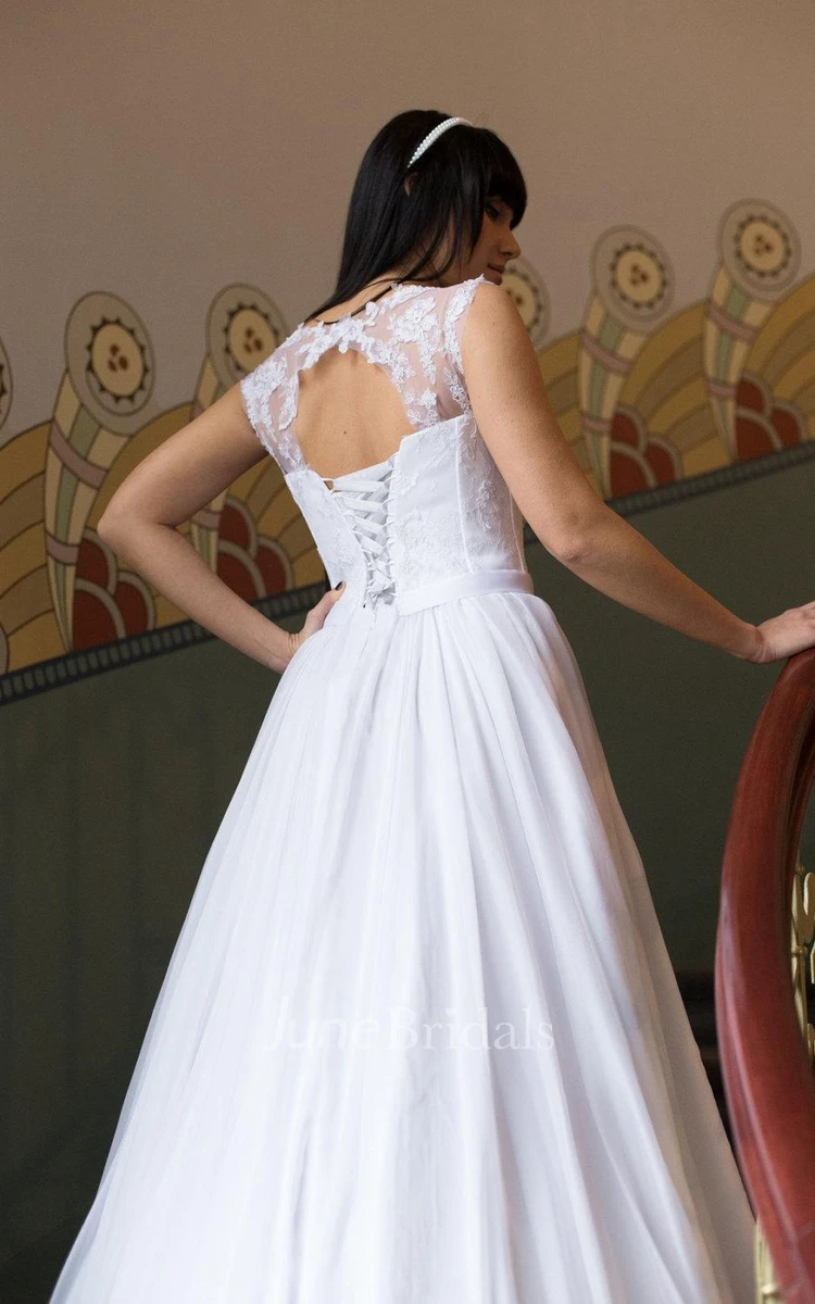 Jewel Neck Sleeveless Long A-Line Chiffon Wedding Dress With Lace Bodice