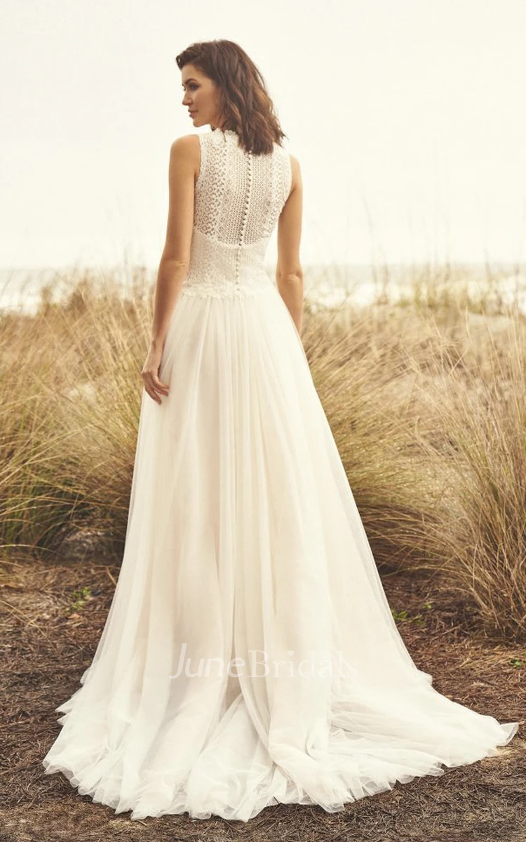 Sleeveless Jewel Neckline And Court Train Lace Tulle Wedding Dress With Illusion Button Back