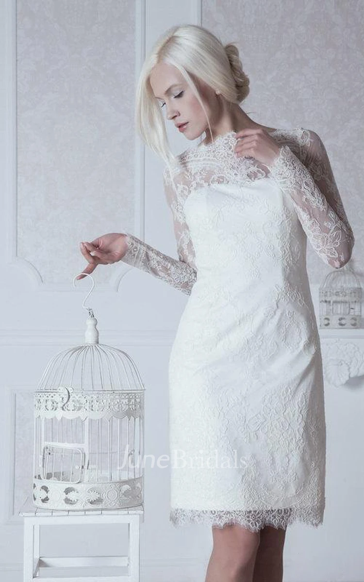 High-Neck Short Sheath Lace Dress With Long Sleeves