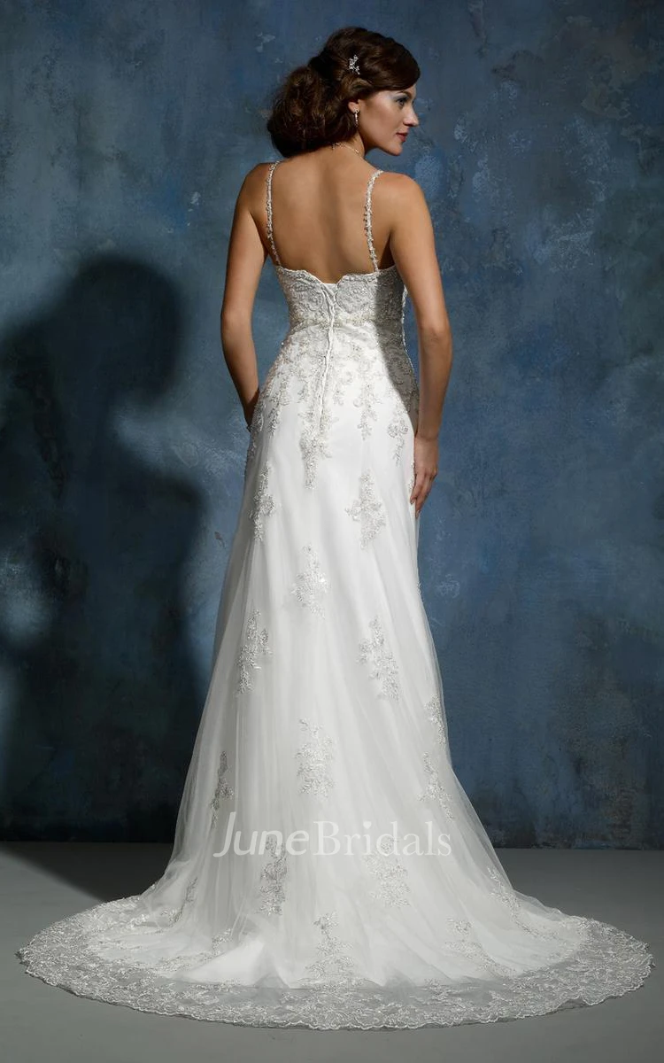 Spaghetti Strap Lace Sheath Spring Wedding Dress with Waist Jewelry Modern Bridal Gown
