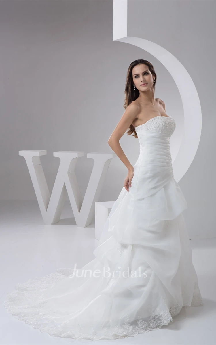 Strapless Tulle Pick-Up Dress with Appliques and Brush Train