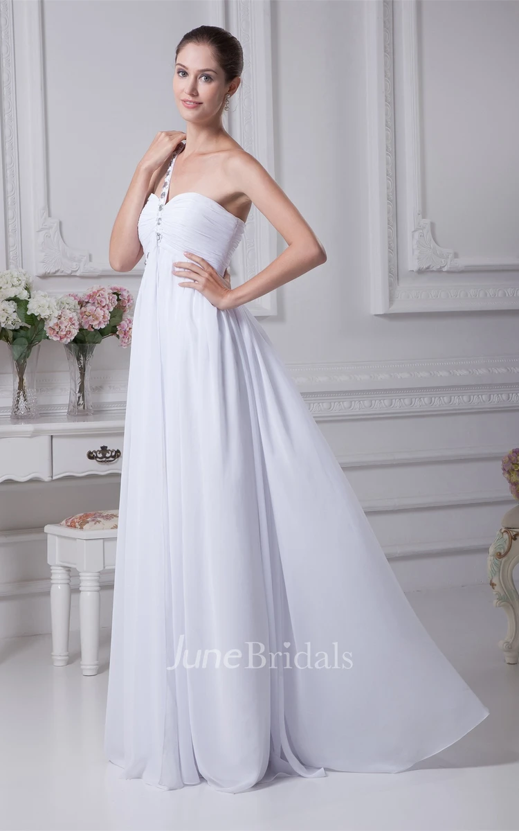 Strap One-Shoulder Sweetheart Ruched Dress with Beadings and Zipper Back