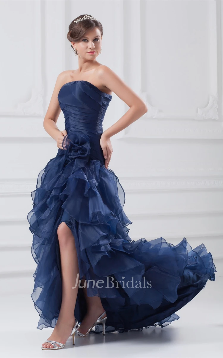 Strapless Front-Split Ruffled Dress with Flower and Brush Train