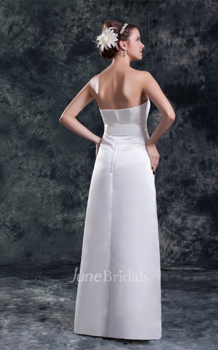 satin sheath floor-length dress with lace jacket and ribbon