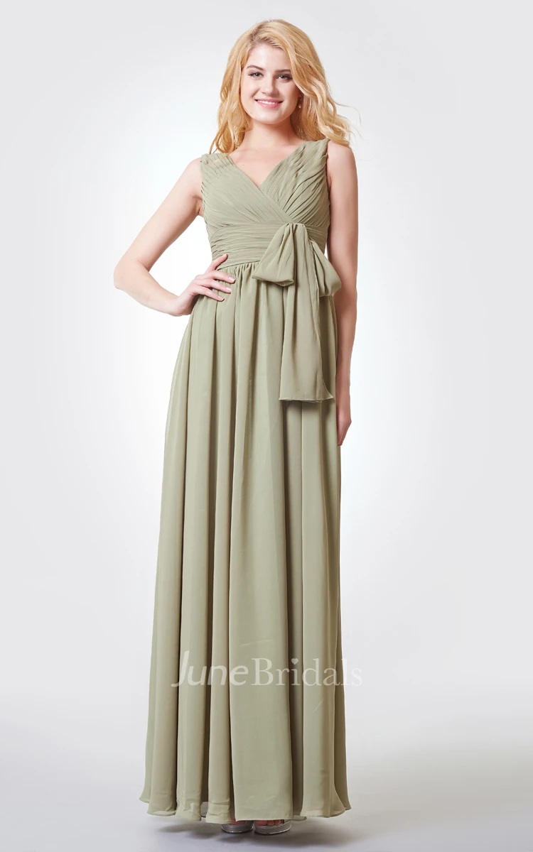Ruched A-line Long Chiffon Dress With Bow and Straps