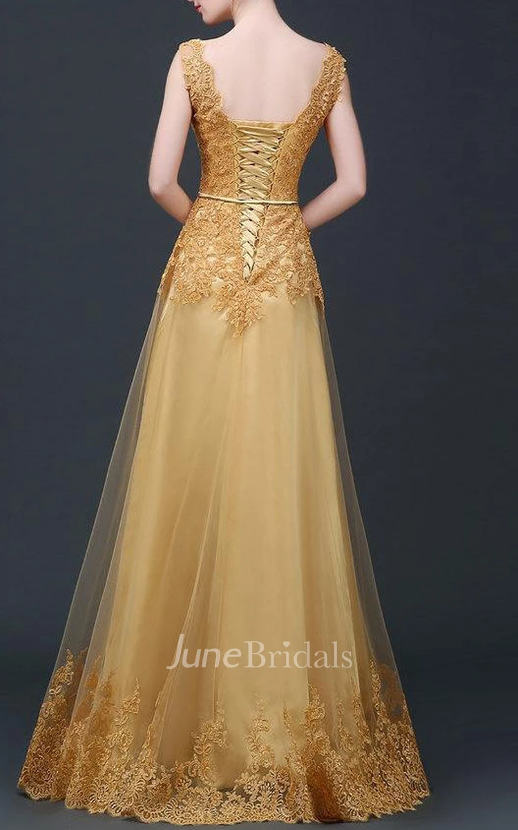 Ball Gown Floor-length Tulle&Lace&Satin Dress With Sash Ribbon