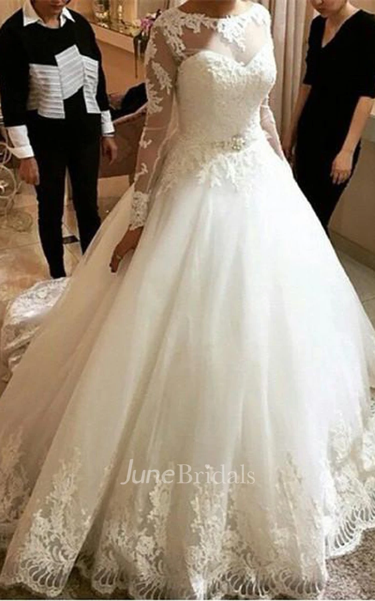 Elegant Tulle Lace Appliques Princess Wedding Dress Long Sleeve