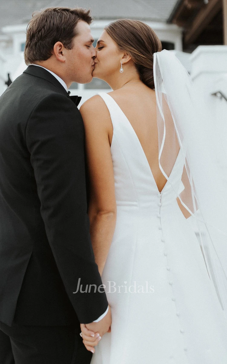 Casual A-Line V-neck Satin Wedding Dress With Low-V Back