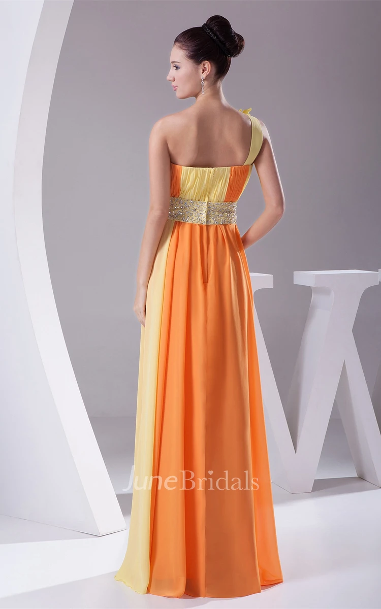 Two-Tone One-Shoulder Pleated Maxi Dress with Floral Waist