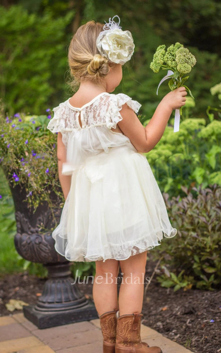 Cap Sleeve Illusion Neck Tulle&Lace Dress With Beading&Flower