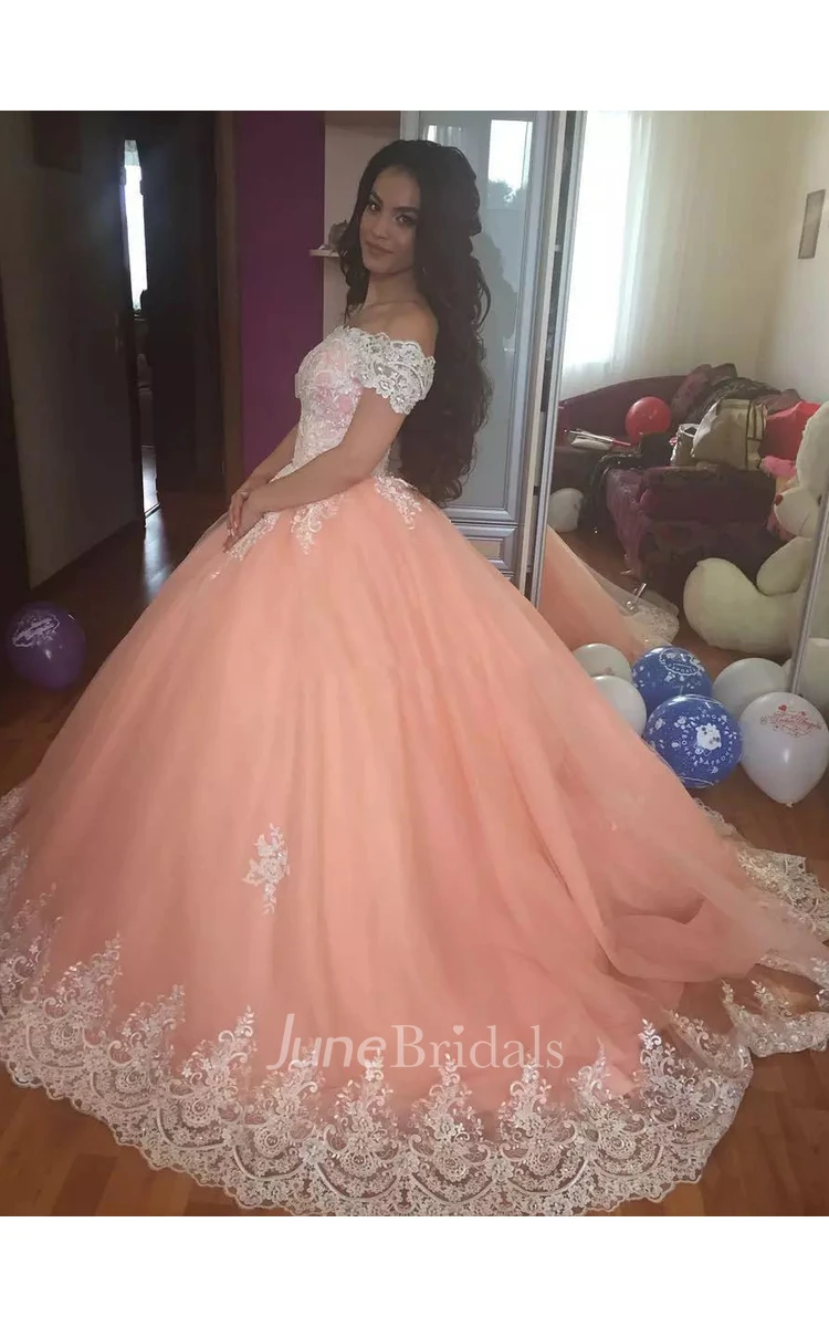 A-Line Off-the-shoulder Short Sleeve Lace Tulle Wedding Dress