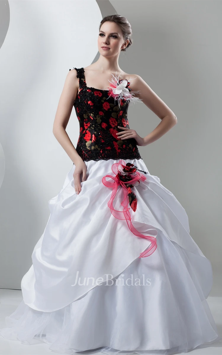 Floral One-Shoulder Pick-Up Gown with Beading and Appliques