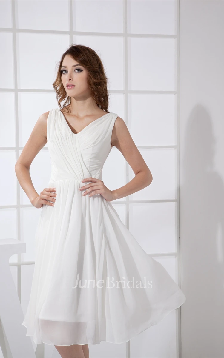 Sleeveless Low-V-Back Knee-Length Dress with Ruching and Pleats