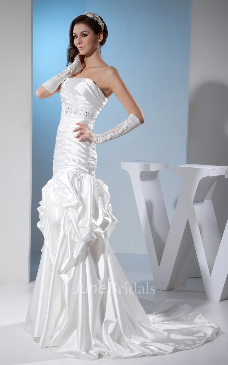 Strapless Mermaid Pick-Up Dress with Ruching and Gemmed Waist