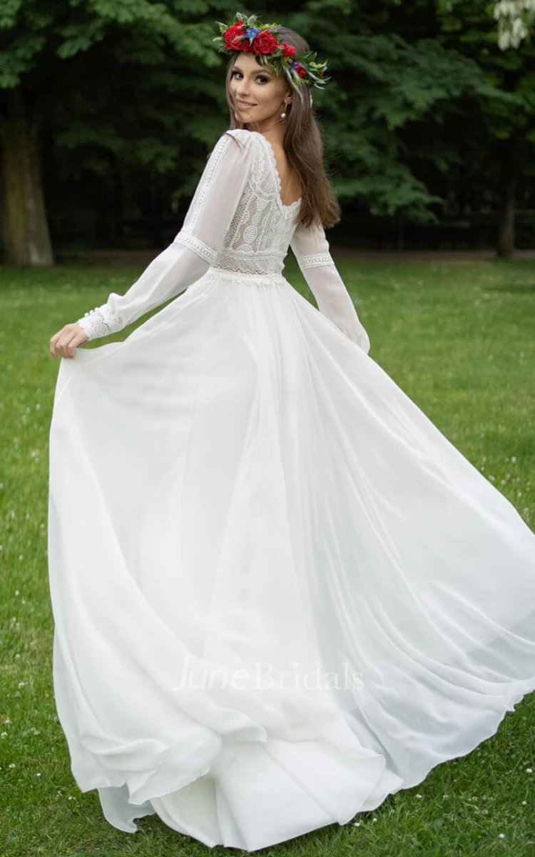 A-Line V-neck Chiffon Beach Wedding Dress With Illusion Low-V Back And Poet Sleeves