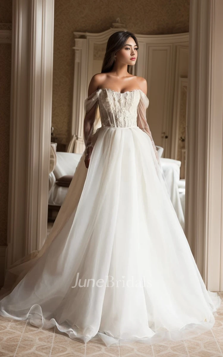 A-Line Off-the-shoulder Lace Chiffon Wedding Dress Long Sleeve Appliques Open Back Bridal Gown with Train