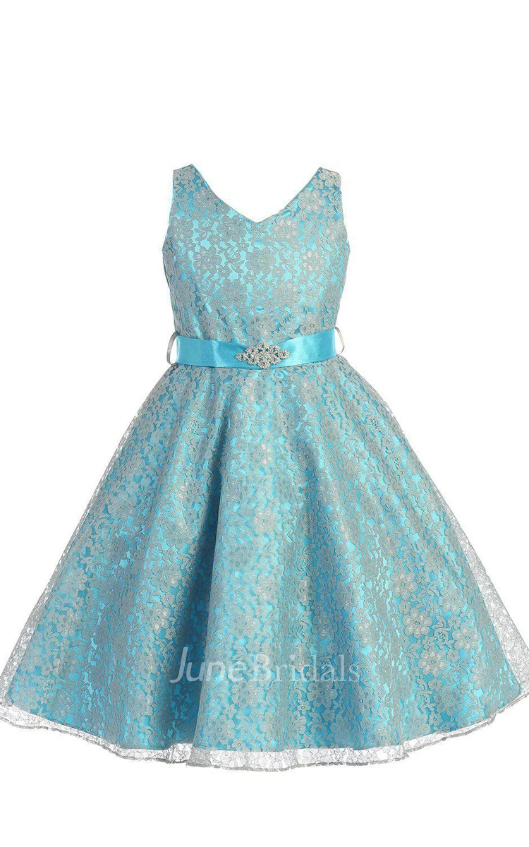 Sleeveless V-neck A-line Dress With Beadings and Bow