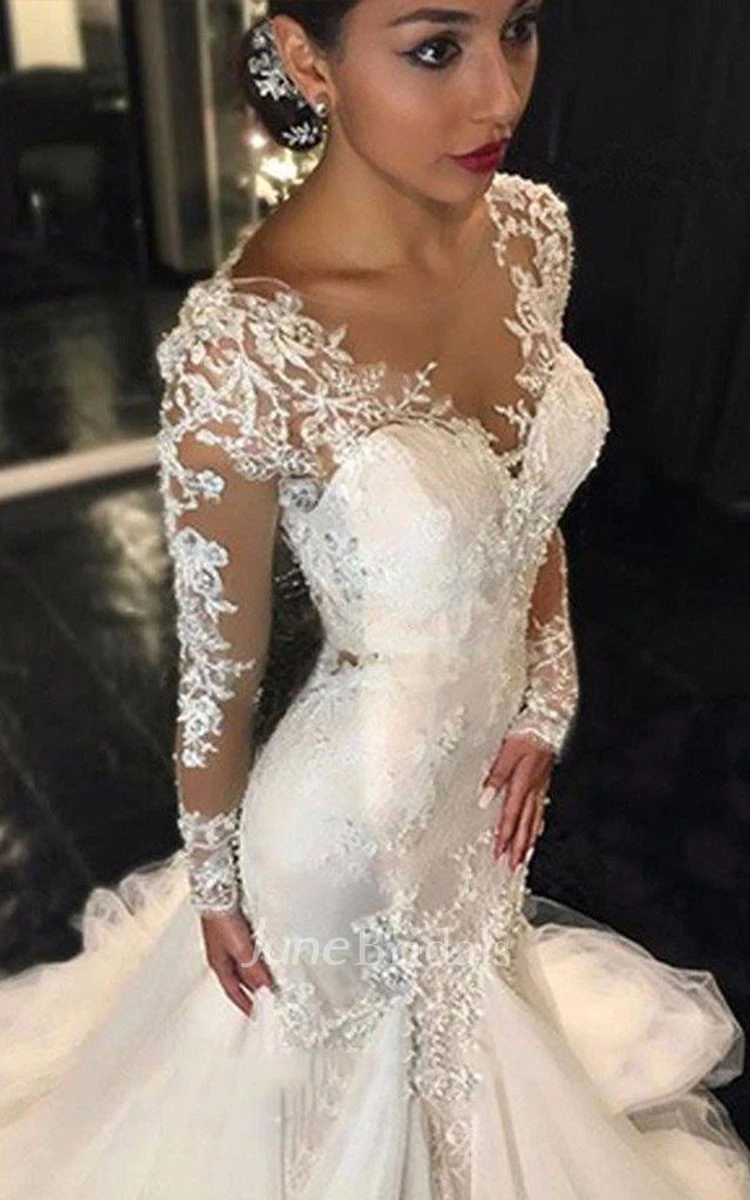 Noble White Boho Lace Mermaid Illusion Sleeves Wedding Dress Elegant Romantic V-Neck Court Trian Tulle Bridal Gown