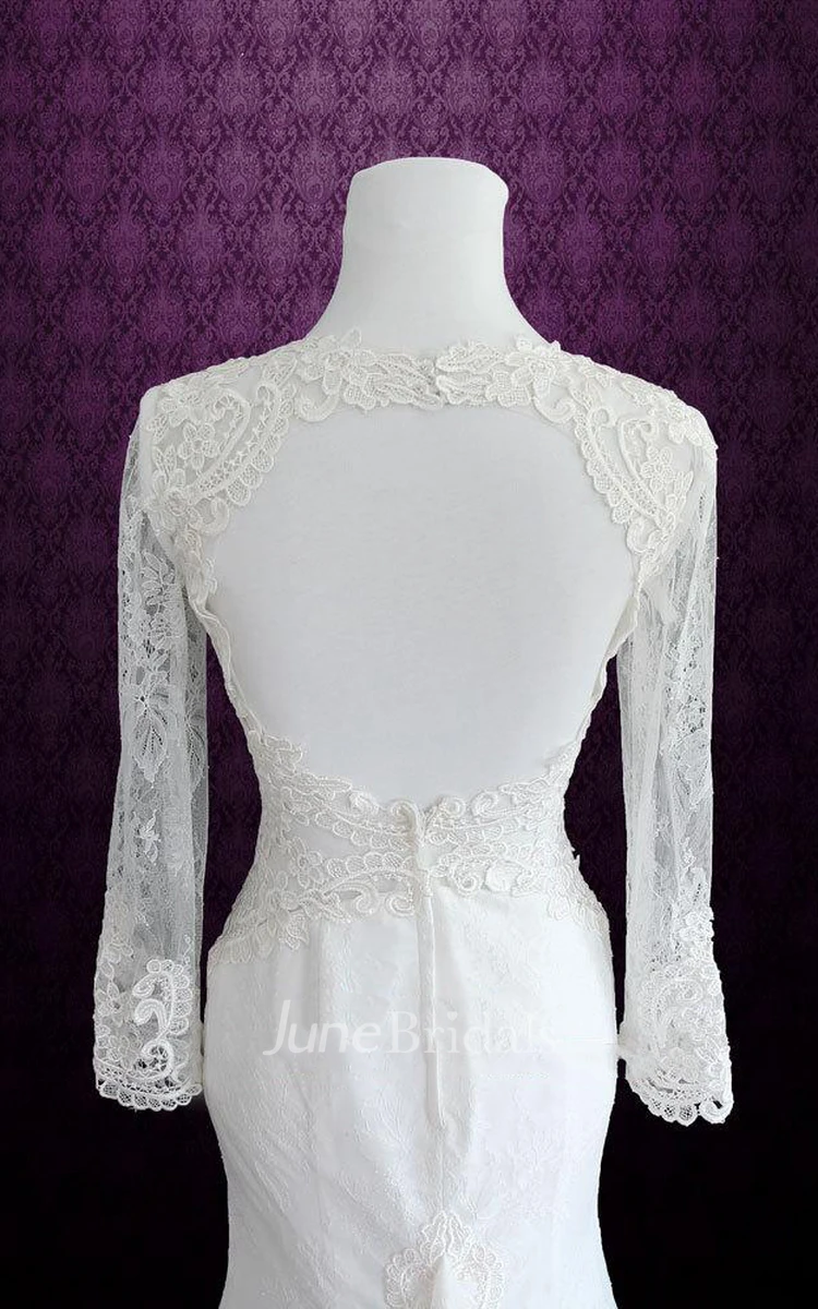 Scalloped Long Illusion Sleeve Keyhole Back Sheath Lace Wedding Dress