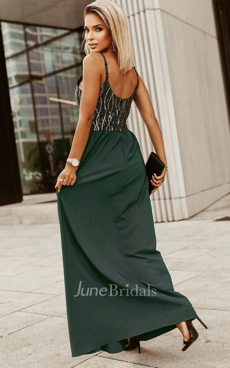 Casual A-Line V-neck Evening Dress With Sequins And Open Back