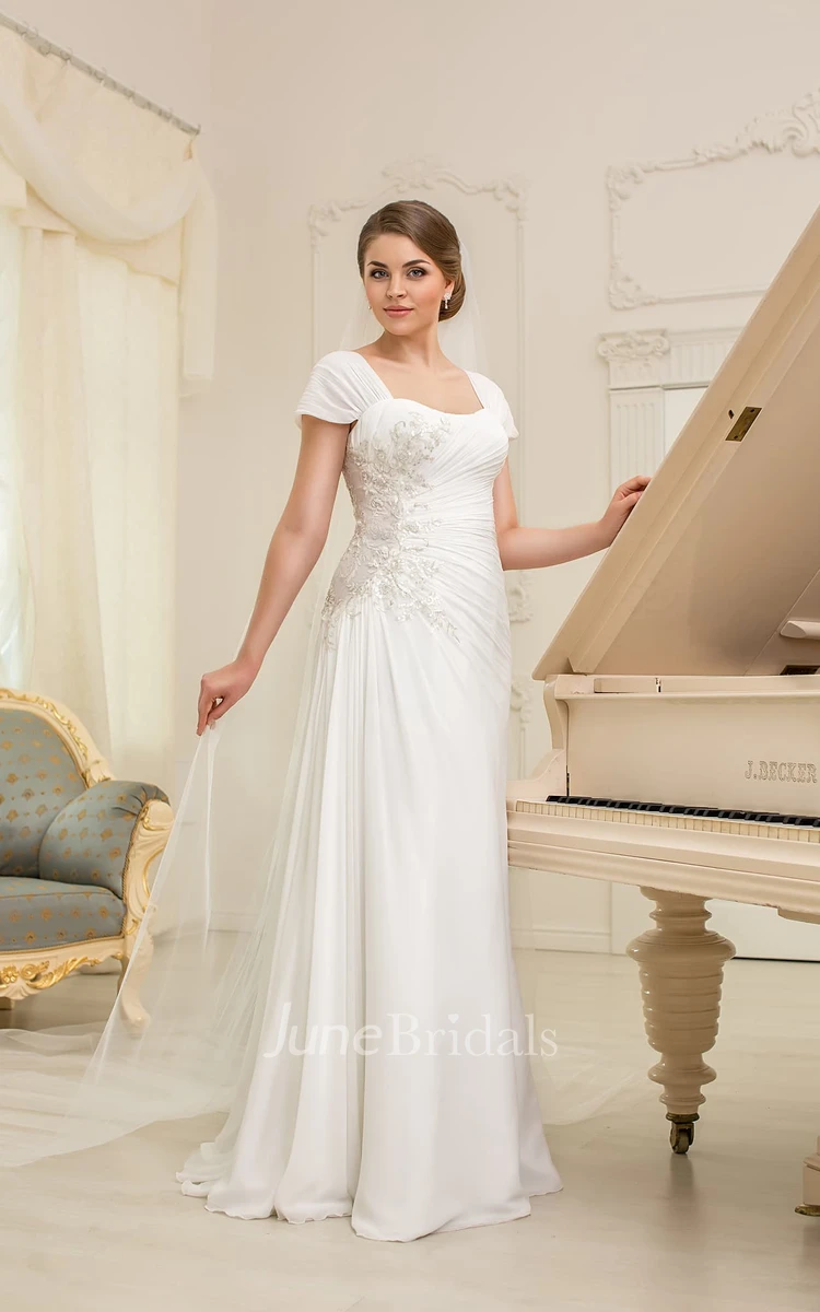 A-Line Long Square-Neck Cap-Sleeve Corset-Back Chiffon Dress With Ruching  And Appliques - June Bridals